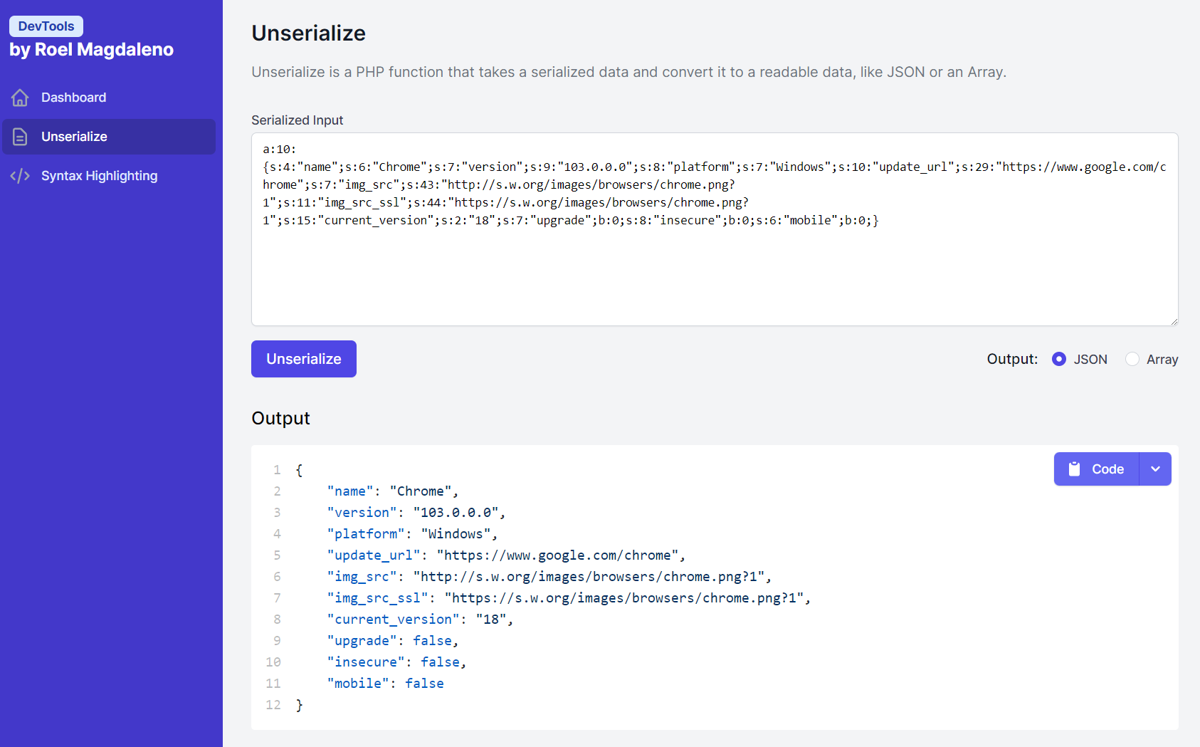 Unserialize - DevTools by Roel Magdaleno